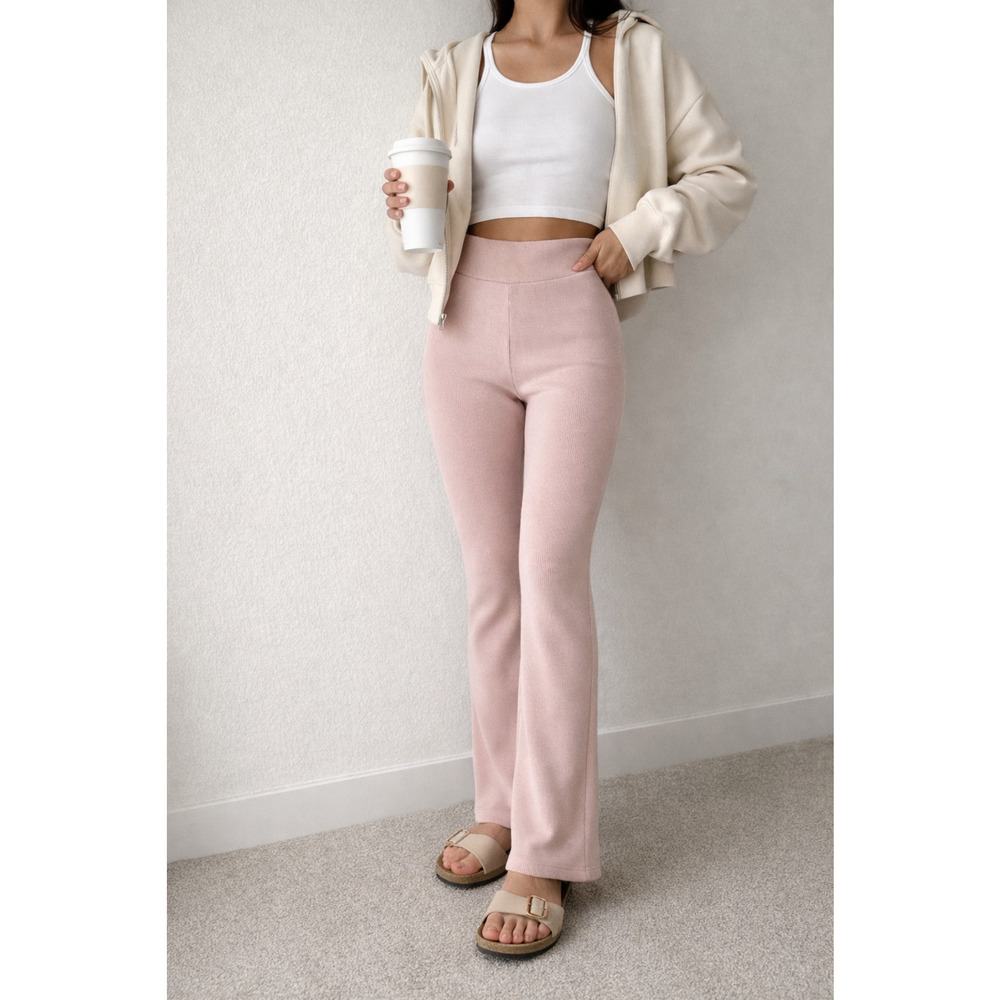 Blush Pink Ribbed Flare Pants XS High Rise Stretch Lounge Athleisure Slit Hem